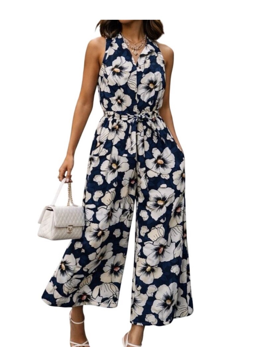 Ann Taylor Navy Floral Halter Wide-Leg Jumpsuit